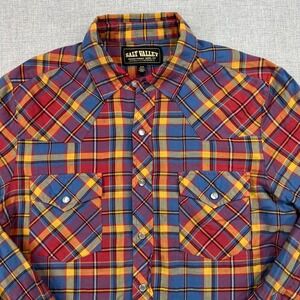 Salt Valley Western Pearl Snap Shirt Men Small Orange Blue Plaid Grimes REPAIRED